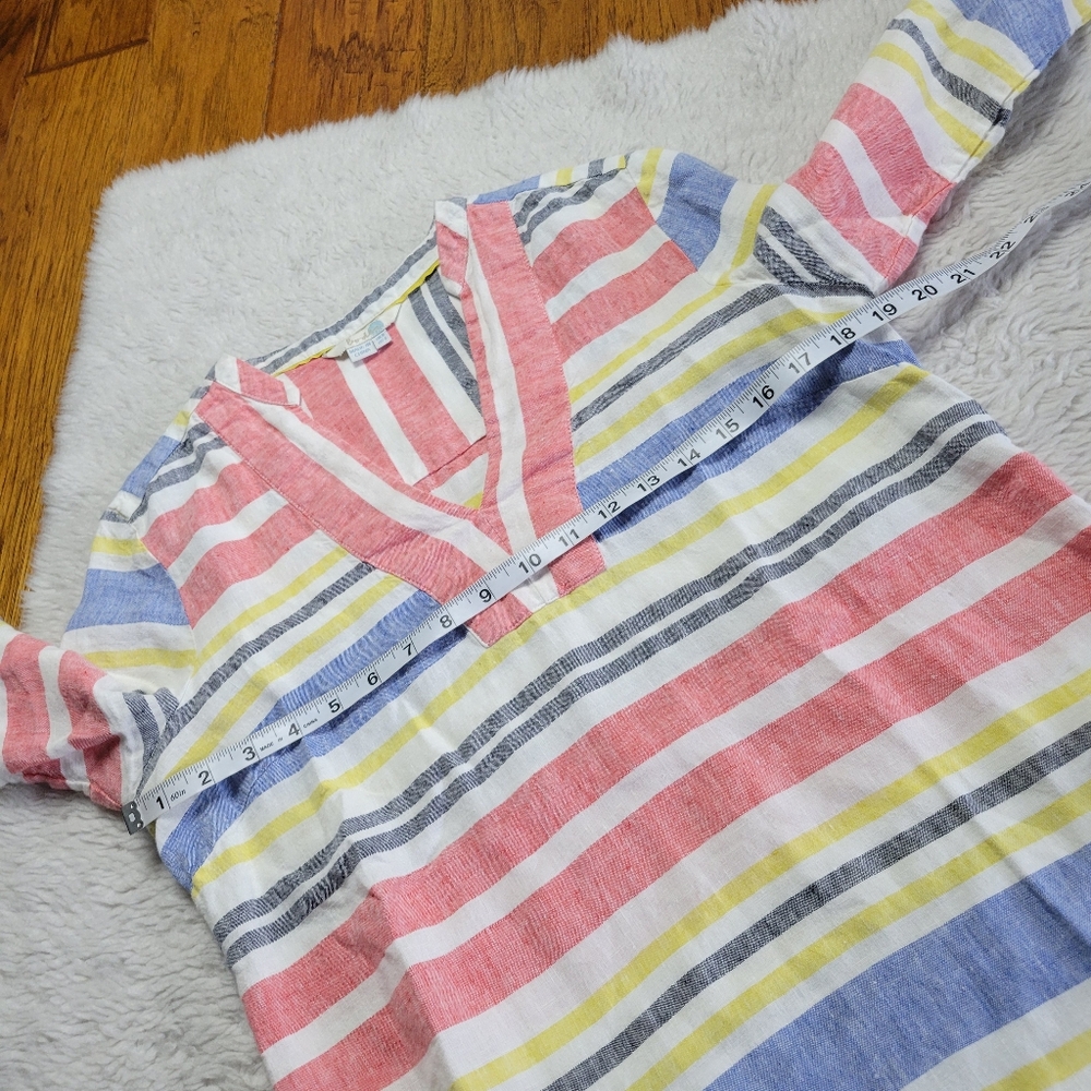 Boden Linen Popover Tunic Top Women's 4 Striped V-Neck Red Blue Yellow White - Picture 6 of 8